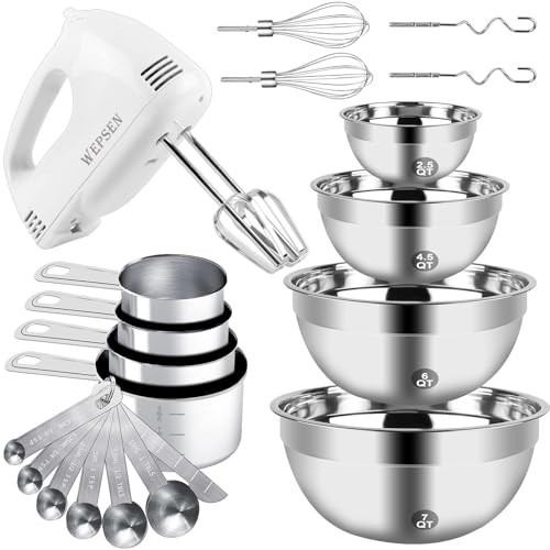 WEPSEN Hand Mixer Electric Mixing Bowls Set, 5 Speeds Handheld Mixer with 4 Nesting Stainless Steel Mixing Bowl, Measuring Cups Spoons 200W Kitchen Blender Whisk Beater Baking Supplies For Beginner | Amazon (US)