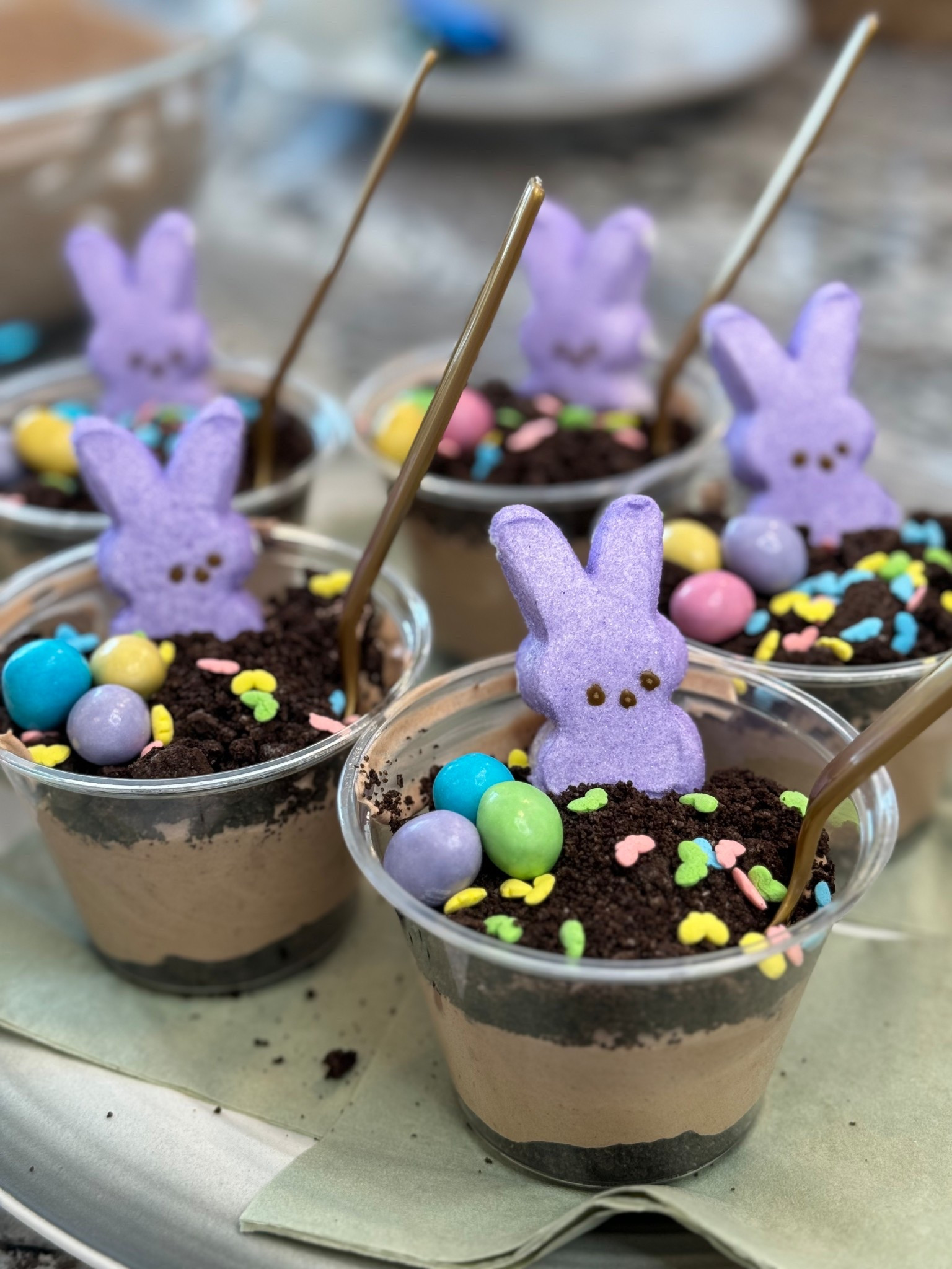 Easter Dessert Idea! 

3.4 oz instant chocolate pudding mix
2 cups milk
8 oz cool whip, defrosted
10-12 Oreo cookies, crushed
Peeps, sprinkles, mini eggs, m&m’s etc.

In a medium bowl, mix together milk and pudding mix, let stand for 5 minutes. Fold in cool whip. Layer together with crushed Oreos and top with your favorite seasonal toppings. Enjoy!

Easter dessert, easy dessert, dirt dessert, Easter sprinkles, Easter peeps, aesthetic dessert, kids dessert 