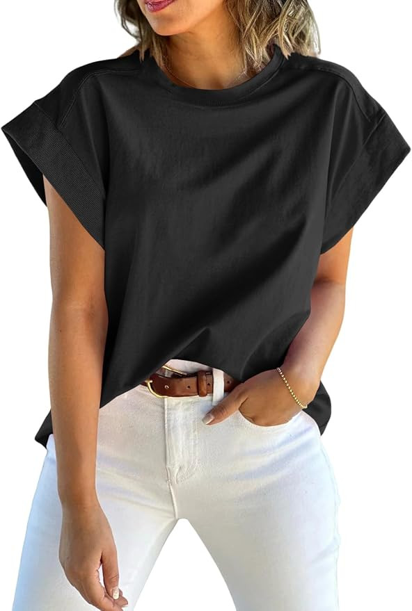 Tankaneo Womens Summer Cap Sleeve Tank Top Crew Neck Solid Casual Loose Fit Basic Tee Shirt | Amazon (US)