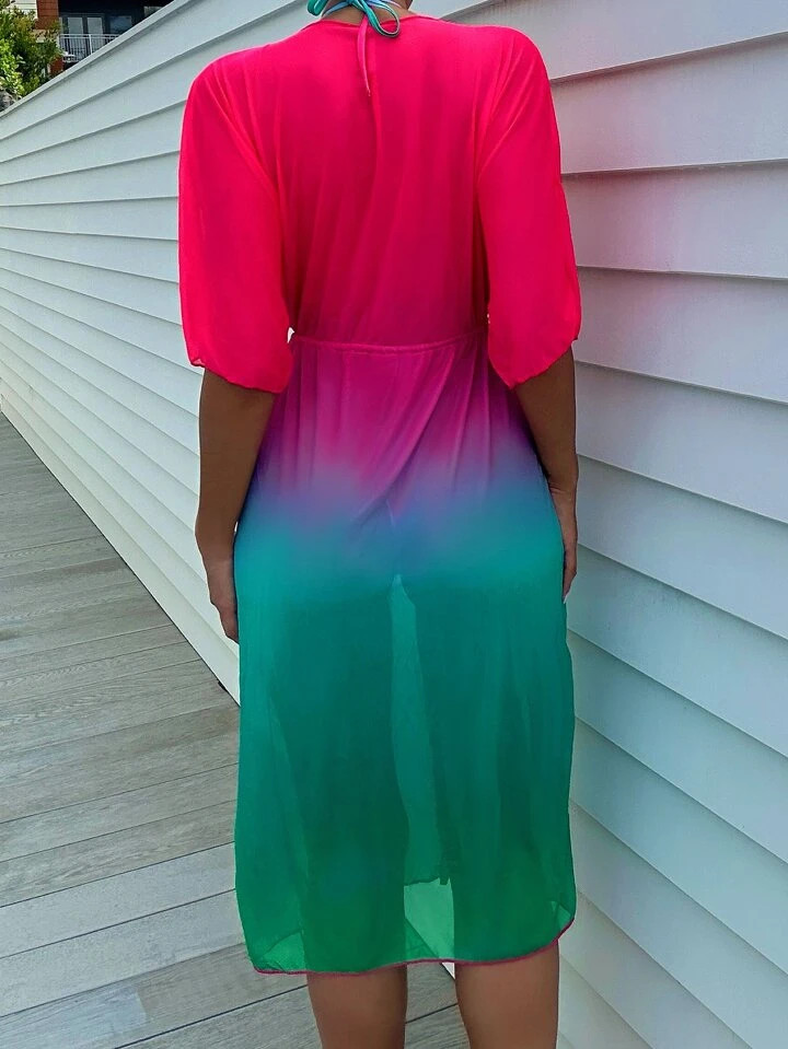 Ombre Halter Triangle Bikini Swimsuit With Kimono | SHEIN