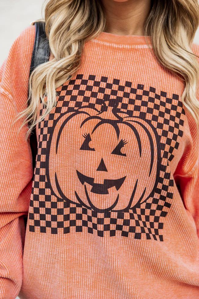 Checkered Pumpkin Orange Corded Graphic Sweatshirt | Pink Lily