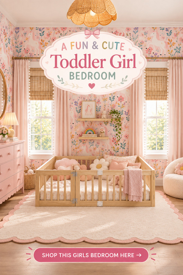 Create a fun and cute toddler girl bedroom with whimsical wallpaper, a cozy natural wood toddler floor bed, soft pink ac