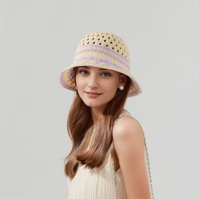 Anna-Kaci Crochet Knit Bucket Hat with Openwork Floral Pattern and Rolled Brim for Lightweight Summer Style - Purple | Target