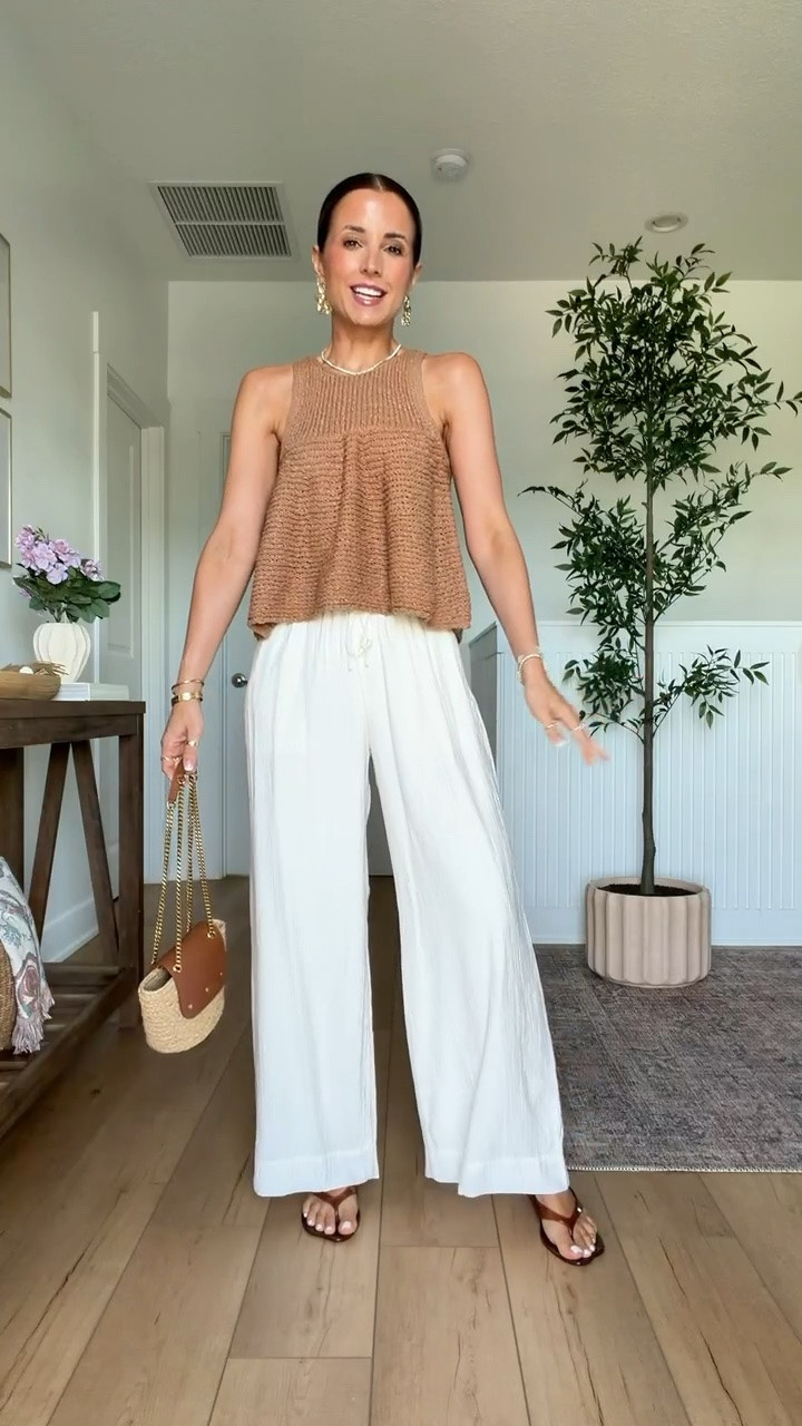 My dinner outfit. Summer outfit. Elevated casual outfit. Resort outfit. Resort wear. Vacation outfit. Europe outfit. New wide leg crinkle pants from Abercrombie in XXS short. Anthropologie sweater tank in XXS. Amazon jelly sandals are TTS. YSL raffia bag.

#LTKootd #LTKTravel #LTKPetite
