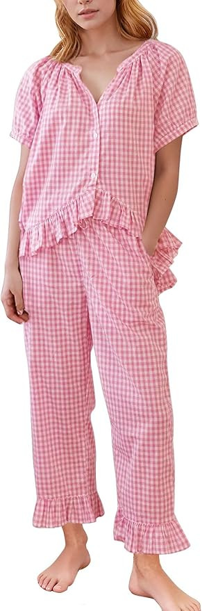 Flygo Womens Plaid 2 Piece Pajamas Sets Gingham Button Down Puff Sleeve Babydoll Shirt Ruffle Pan... | Amazon (US)