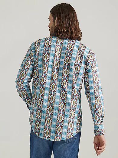 Men's Checotah® Long Sleeve Western Snap Printed Shirt in Dusty Blue Diamond | Wrangler