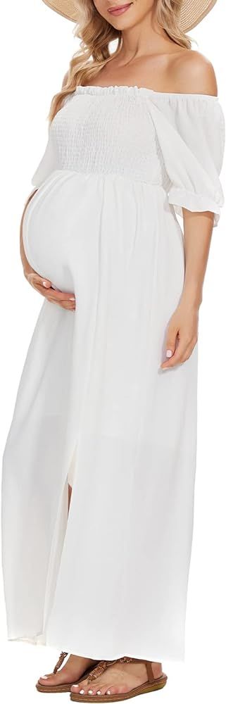 Floral Print Square Neck Puff Sleeve Maternity Dress for Baby Shower Photoshoot Summer, Boho Smocked | Amazon (US)