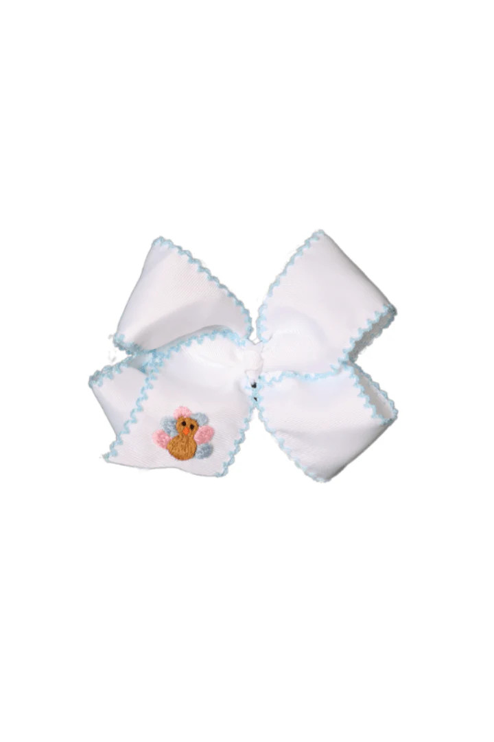 Embroidered Turkey Scalloped Edge Grosgrain Bow White/Blue | The Smocked Flamingo