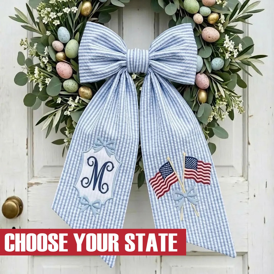 Custom Monogram Patriotic Wreath Sash, Embroidered USA Flag Bow, Red, White and Blue Decor, 4th o... | Etsy (US)