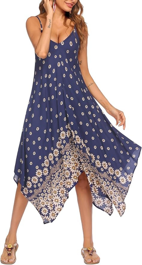 Chigant Women's 2023 Summer Casual Boho Sundress Spaghetti Strap Swimwear Cover Up V Neck Beach F... | Amazon (US)