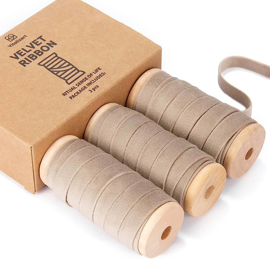 Vitalizart Camel Velvet Ribbon Set 3/8"" x 15Yd Wooden Spool Fabric Trim Eco-Friendly 3 Rolls * 5... | Amazon (US)