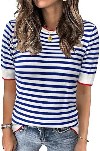 Womens Tops Summer Short Sleeve Shirts Striped Sweater Cute Casual Top Trendy Women Clothing Crew... | Amazon (US)