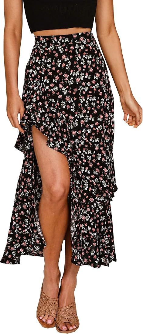 BTFBM Women Boho Floral Print Long Skirts Dress Chic High Low Side Split Ruffle Hem Elastic Waist Sw | Amazon (US)