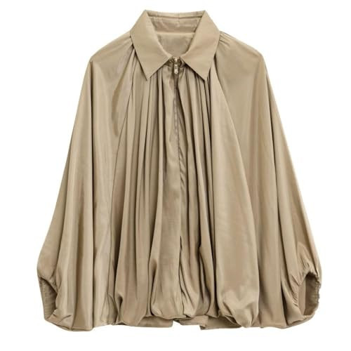 WOWULOVELY Women's Puffed Bomber Jacket Oversized Lapel Collar Streetwear Coat Long Casual Batwing Sleeve Zip Pleated Shirts(Khaki-S) | Amazon (US)