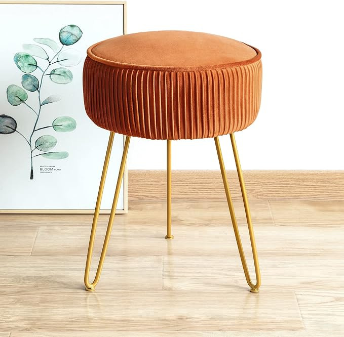 Mid Century Modern Velvet Upholstered Pleated Round Footrest Stool Ottoman with Metal Legs, Home ... | Amazon (US)
