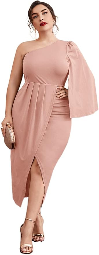 MakeMeChic Women's Plus Size One Shoulder Cloak Sleeve Wrap Cocktail Party Dress | Amazon (US)