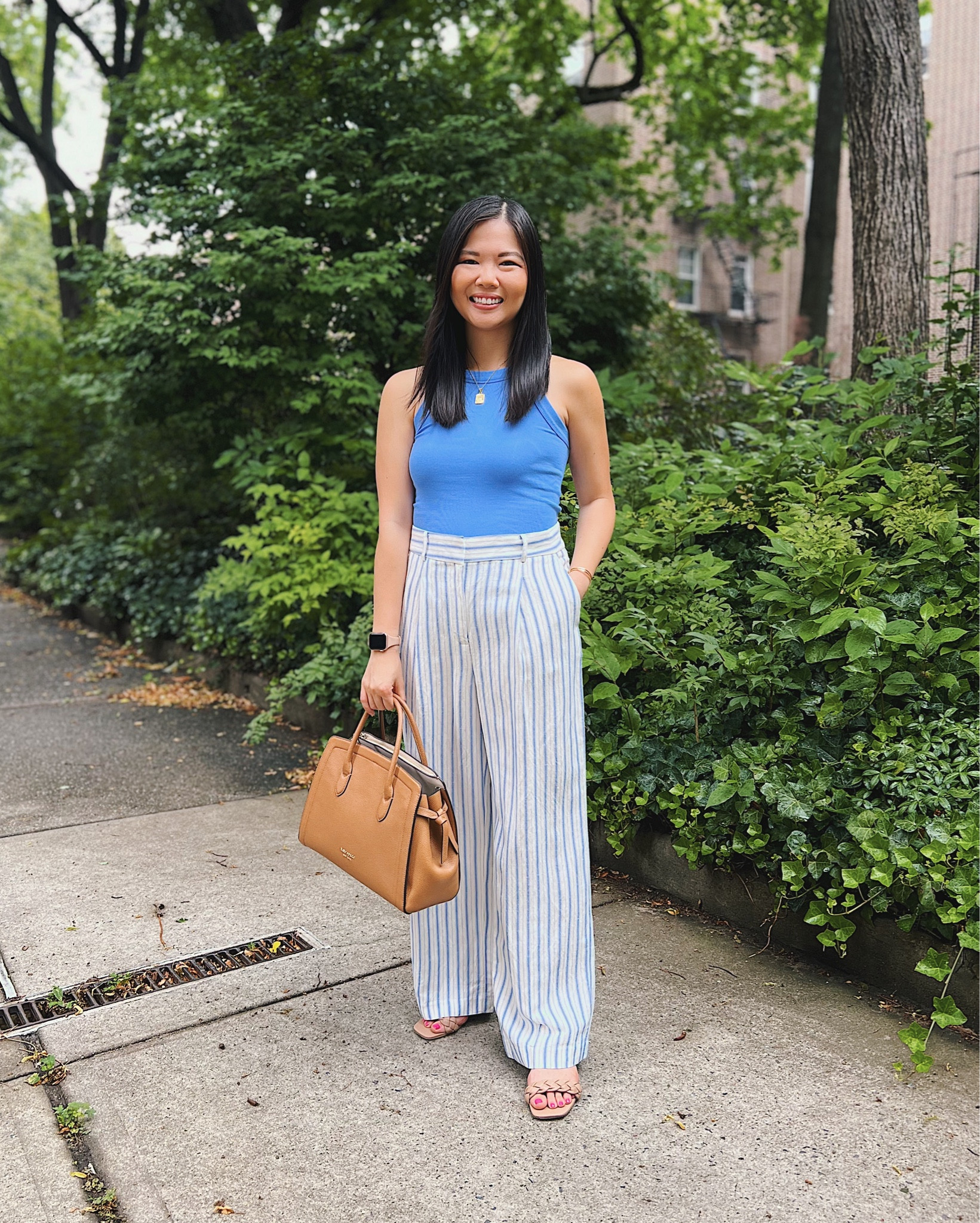 Light blue tank top (XS)
Striped pants (runs big - wearing a 4P, should’ve went with a 2P)
Wide leg pants
Linen pants
Linen blend pants
Kate Spade Knott satchel bag
Braided sandals (TTS)
Summer work outfit
Smart casual outfit
Teacher outfit
LOFT outfit
Summer outfit

#LTKunder50 #LTKworkwear #LTKstyletip