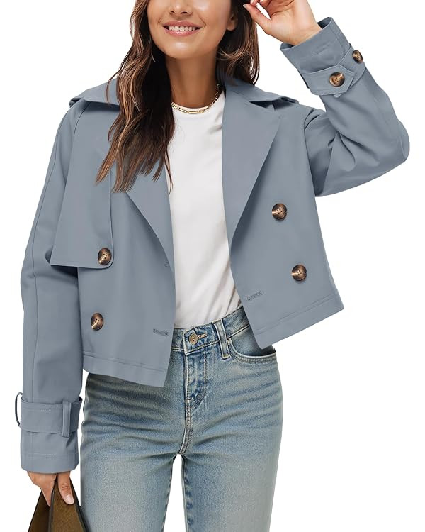 Tankaneo Womens Cropped Trench Coat Lapel Double Breasted Short Jacket Outwear | Amazon (US)
