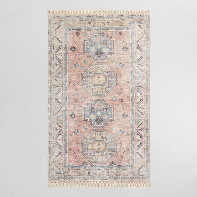 Peach and Blue Persian Style Chenille Oasis Area Rug | World Market