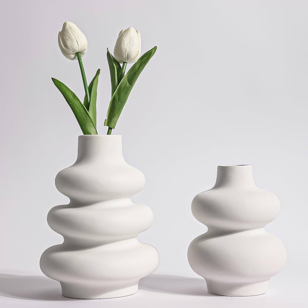 Fixwal White Ceramic Vase Set of 2, Flower Vase for Home Decor, Matte Boho Vases, Cute Spiral Rou... | Amazon (US)