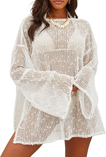 Lilosy Sexy Crochet Sheer Kaftan Caftan Beach Dress Bathing Suit Swim Coverup One Piece | Amazon (US)