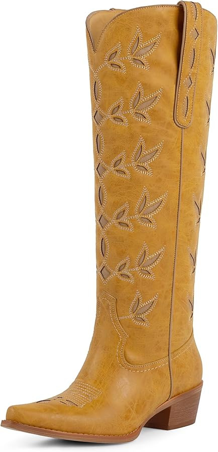 Cowboy Boots for Women Knee High Womens Cowgirl Boots Pointed Toe Chunky Heel Leaf-patterned Embr... | Amazon (US)