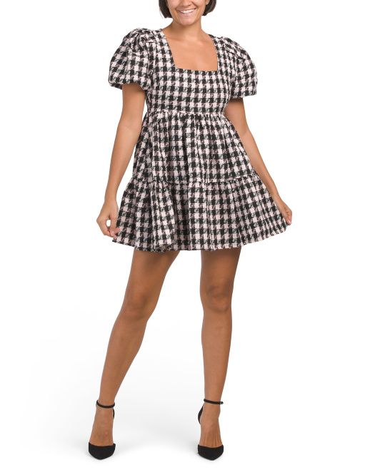 Tweed Puff Sleeve Babydoll Mini Dress | TJ Maxx