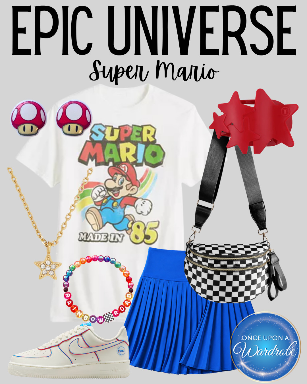 Epic Universe outfit idea inspired by Super Mario Bros. ❤️💙 This colorful park look has a Super Mario graphic tee, blue pleated skirt, checkered belt bag, white sneakers, mushroom earrings, star necklace, and red star belt bag strap. A cute and comfortable outfit for Super Nintendo World at Universal Orlando. 

 #LTKootd #LTKmomlife #LTKTravel