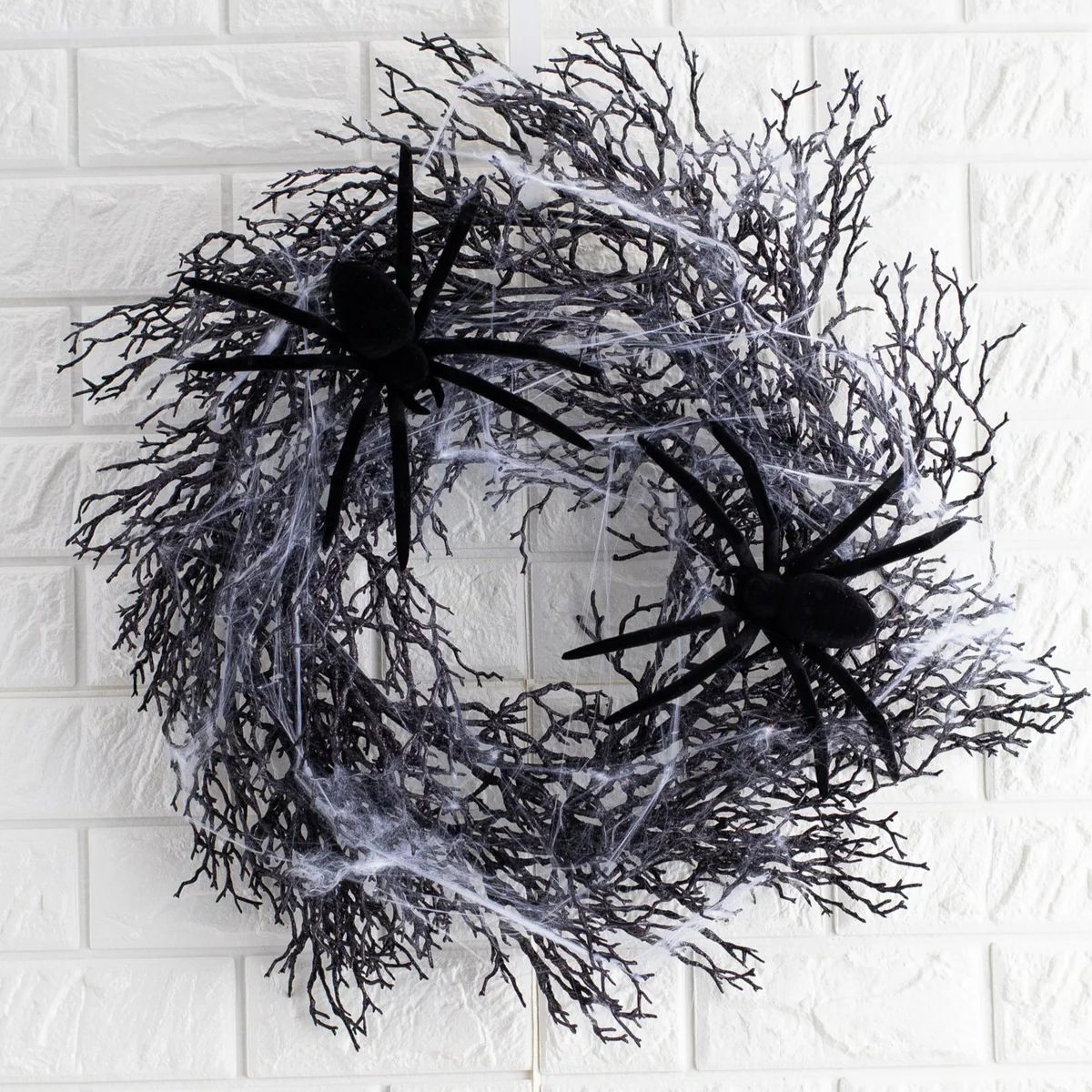 The Black Widow - Glitter Branch & Cobweb Wreath with Black Velvet Spider Halloween Wreath | Darby Creek Trading