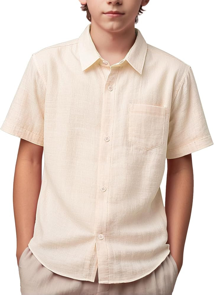 Spring&Gege Boys' Short Sleeve Button Down Shirts Linen Textured Summer Beach Shirt Soild | Amazon (US)