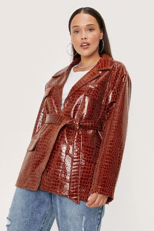 Plus Size Faux Leather Croc Belted Jacket | Nasty Gal (US)