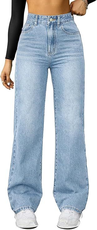 Straight Leg Jeans for Women,High Waisted Wide Leg Loose Microelastic Boyfriend Denim Pants | Amazon (US)