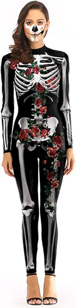 ALBIZIA Women's Skull Skeleton Halloween Costume Jumpsuit Bodysuit Bodycon Outfit | Amazon (US)