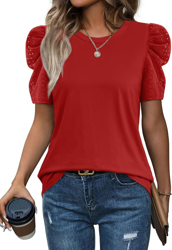 WIHOLL Summer Tops for Women Puff Sleeve Crewneck T Shirts Dressy Casual Blouses Spring Outfits F... | Amazon (US)