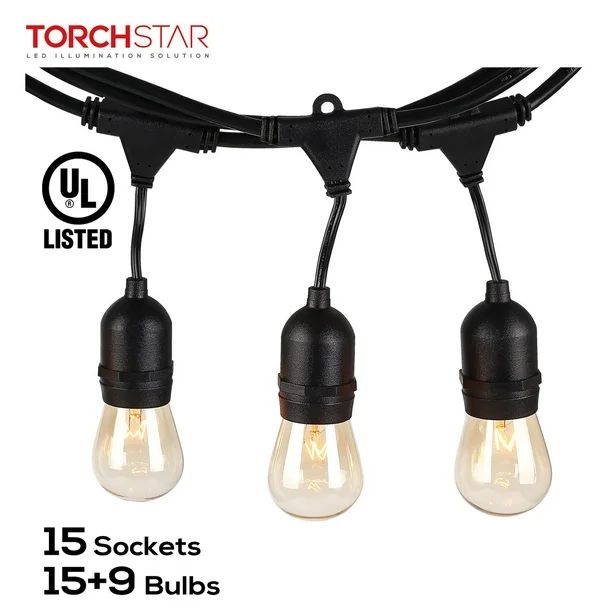 TorchStar 50ft Commercial Weatherproof String Lights, Outdoor Patio String Light, 15 Sockets, 24 ... | Walmart (US)