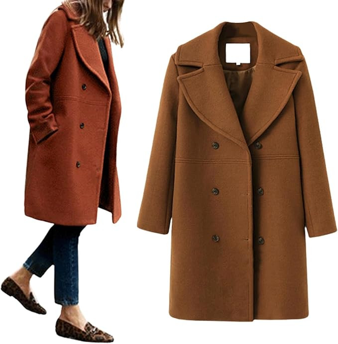 utcoco Women's Wool Blend Double Breasted Pea Coat Notched Lapel Mid Long Trench Overcoat with Po... | Amazon (US)