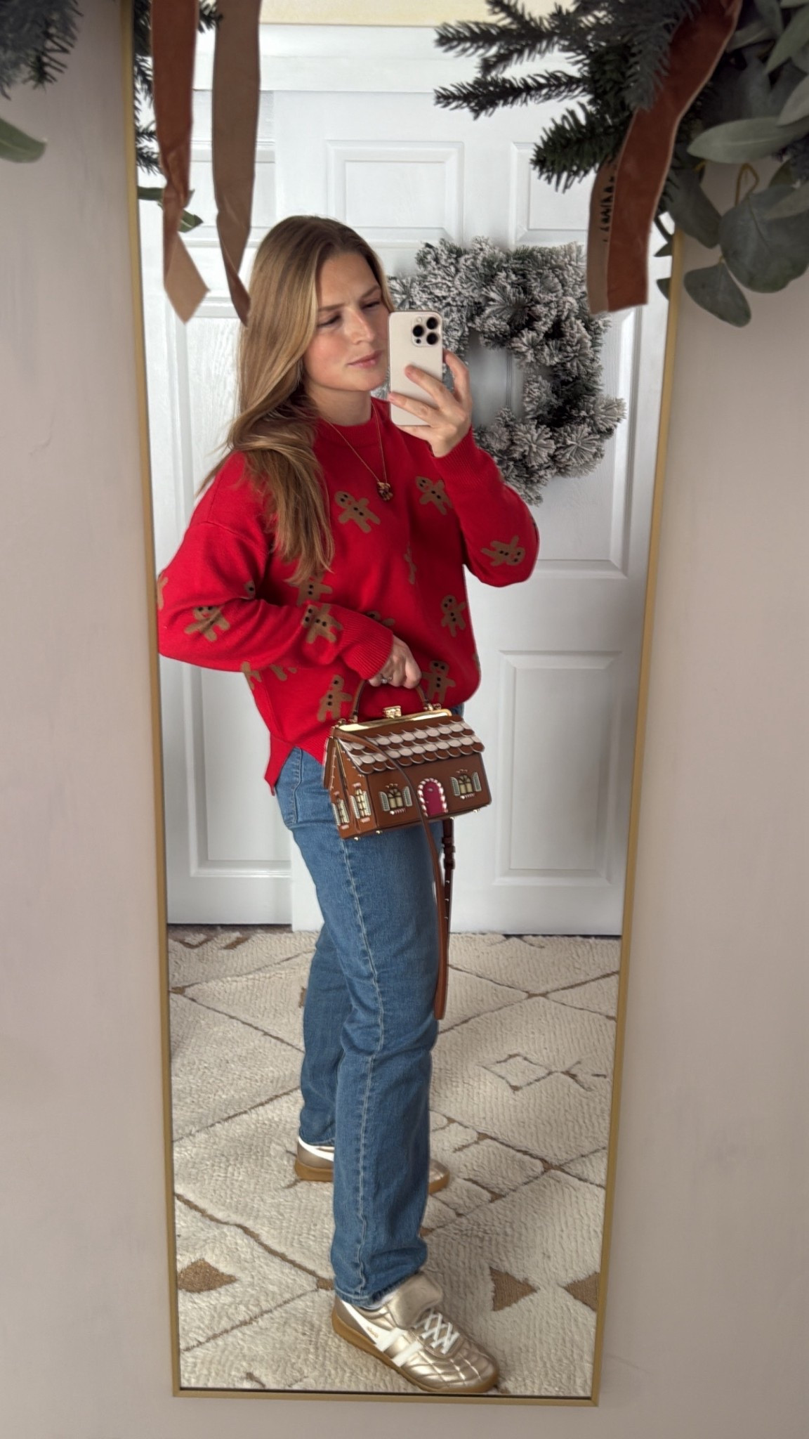 Christmas outfit, Christmas sweater, Christmas necklace, Christmas charm necklace, metallic sneakers, casual Christmas, winter outfit 