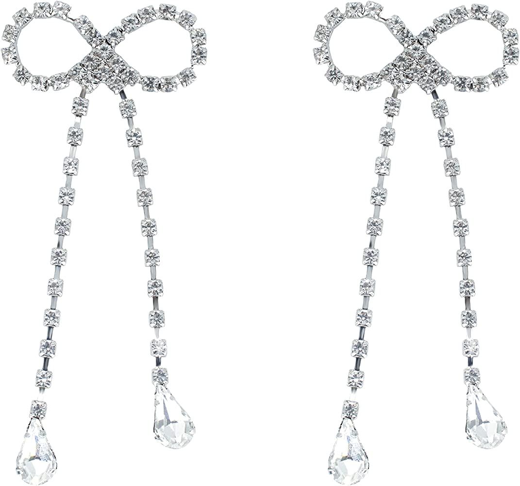 Aslike Crystal Bow Earrings Silver Colored Lightweight Rhinestone Drop Earrings for Women | Amazon (US)