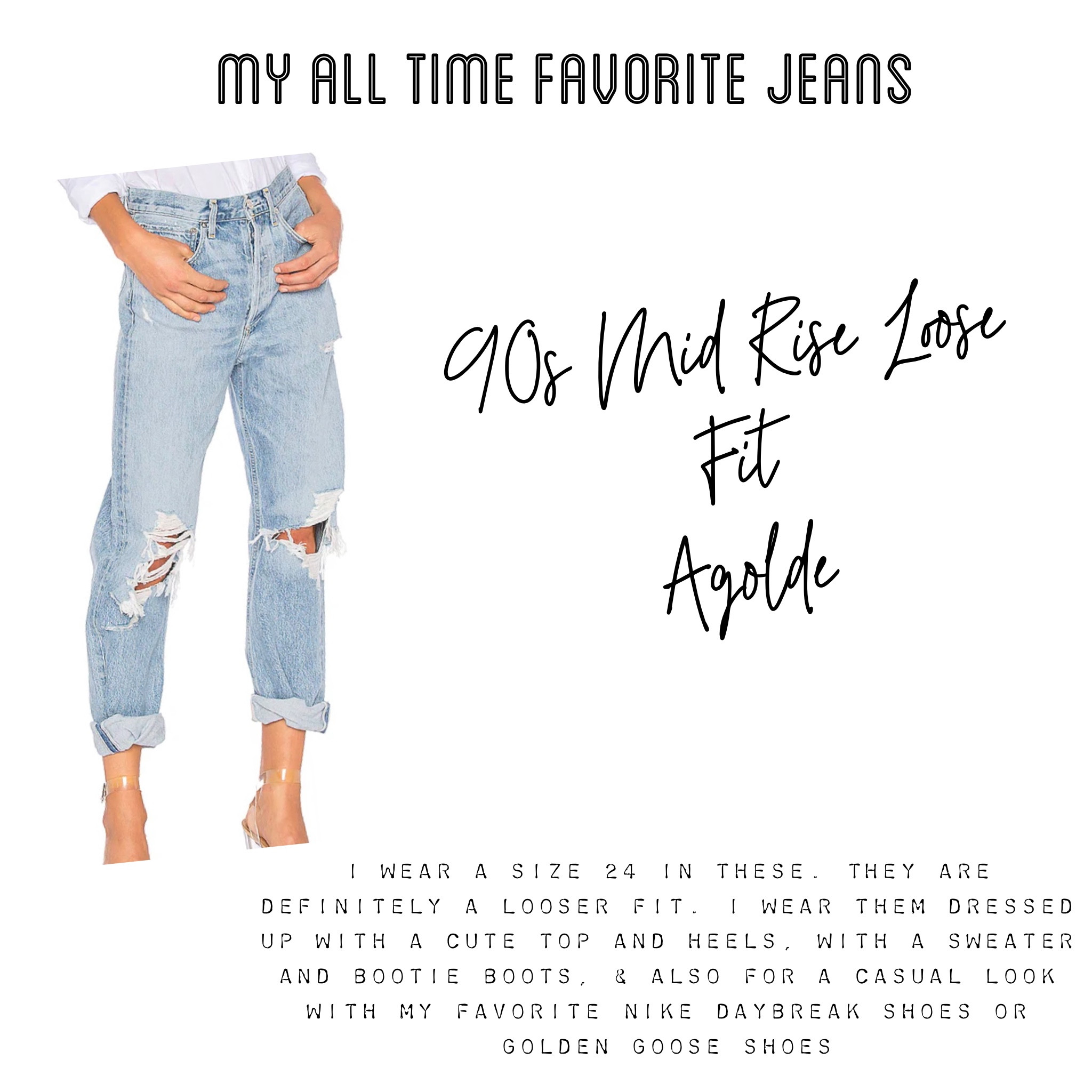 90s amid Rise Loose Fit Agolde Jeans- I wear a size 24 in these. They are definitely a looser fit. I wear them dressed up with a cute top and heels, with a sweater and bootie boots, & also for a casual look with a Tshirt & my favorite Nike daybreak shoes or golden goose shoes 

#LTKstyletip #LTKfit #LTKGiftGuide