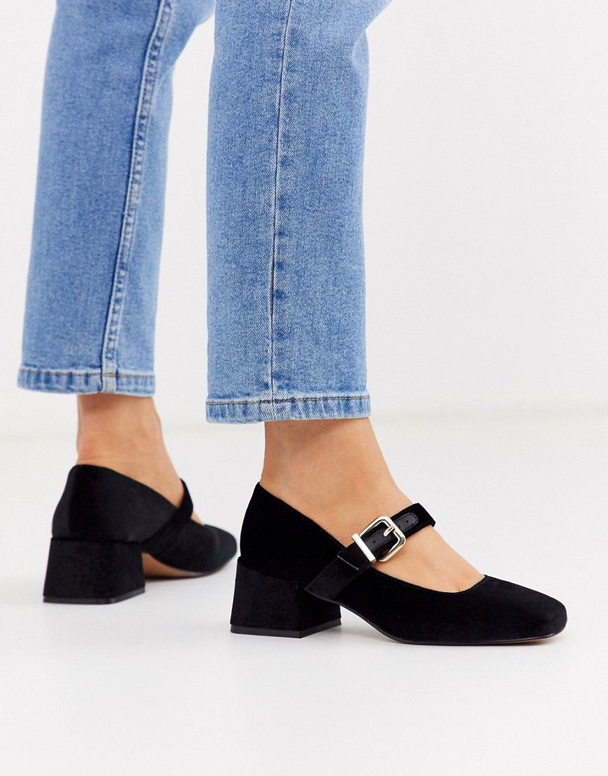 ASOS DESIGN Space square toe mary jane mid heels in black velvet | ASOS (Global)