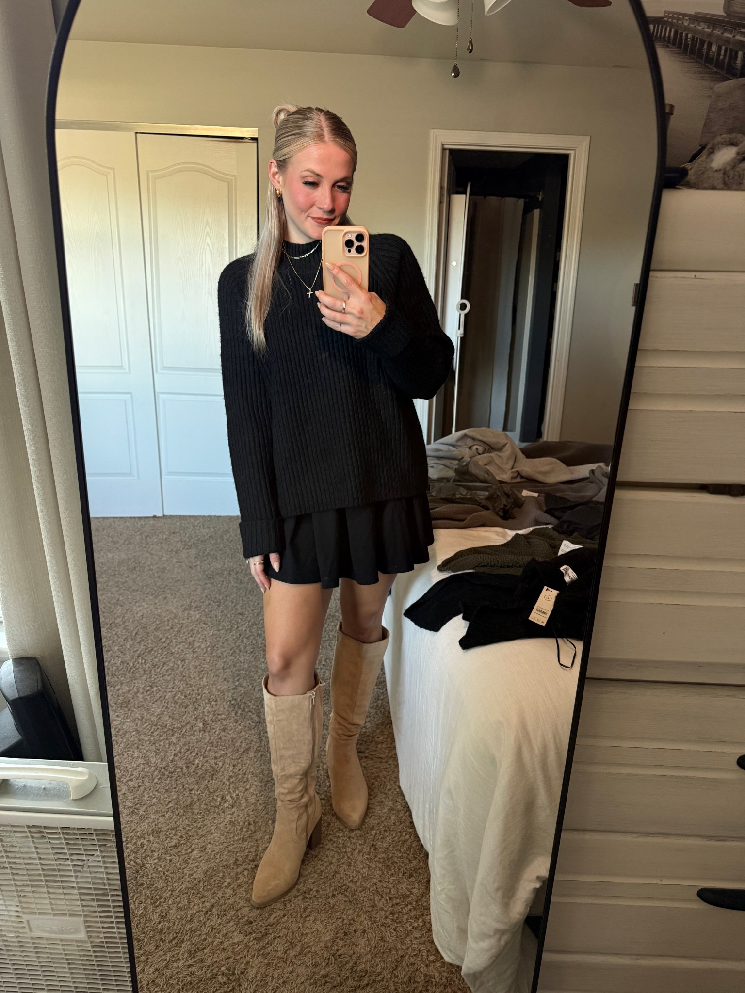 Date night outfit 🖤
Bought an XL in the sweater for an oversized look! I am 5’2” & 127 lbs for reference! 
(Skort isn’t sold at AE anymore so I put a few that are close to this one) 

#LTKPetite #LTKFindsUnder100 #LTKSeasonal