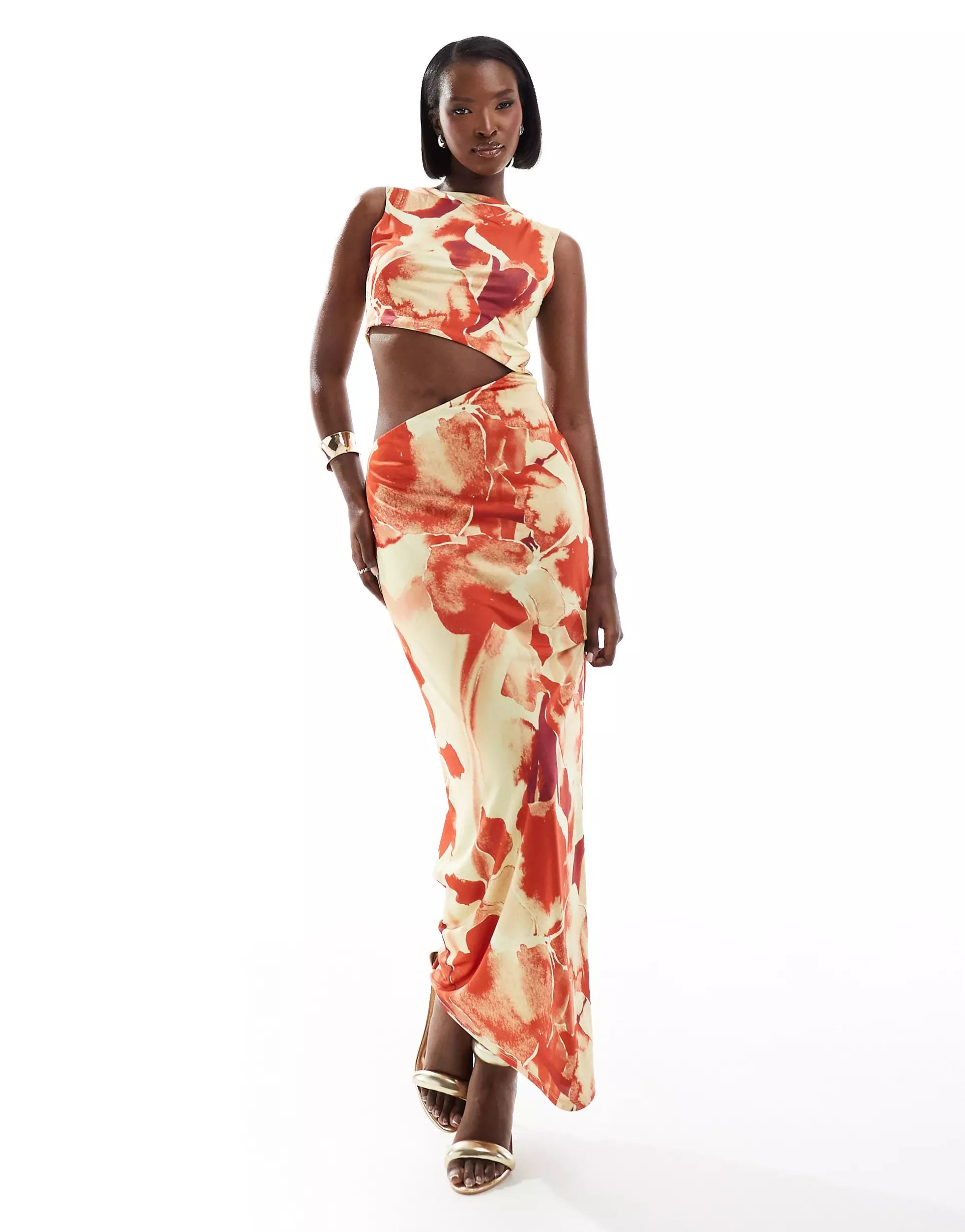 ASOS DESIGN slinky cut out maxi dress in oversized orange floral print | ASOS | ASOS (Global)