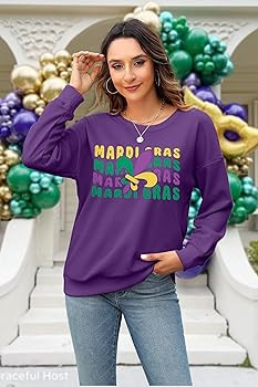ALLTB Mardi Gras Sweatshirt for Women Carnival Outfit Shirt Fat Tuesday Shirt Holiday Party Long ... | Amazon (US)