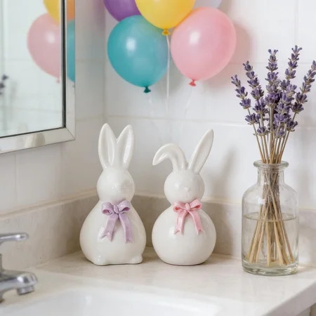 Ceramic Bunny Ornaments, Kadlawus 2 Piece Ceramic Bunnies with Bow, Easter Home Decor and Holiday Decorations, Pink and Purple Bunny Figurines, Cute Tabletop Decor for Spring and Easter | Walmart (US)