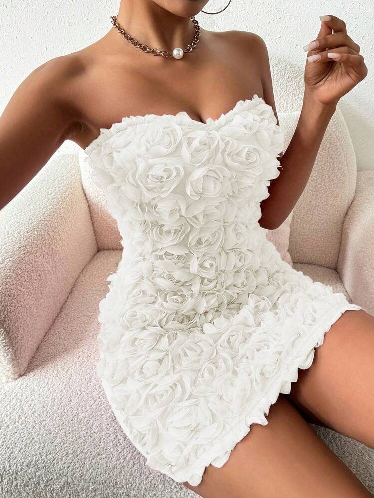 SHEIN Raffinéa Women's 3D Flower Decor Bandeau Mini Party Dress, Suitable For Valentine's Day | SHEIN