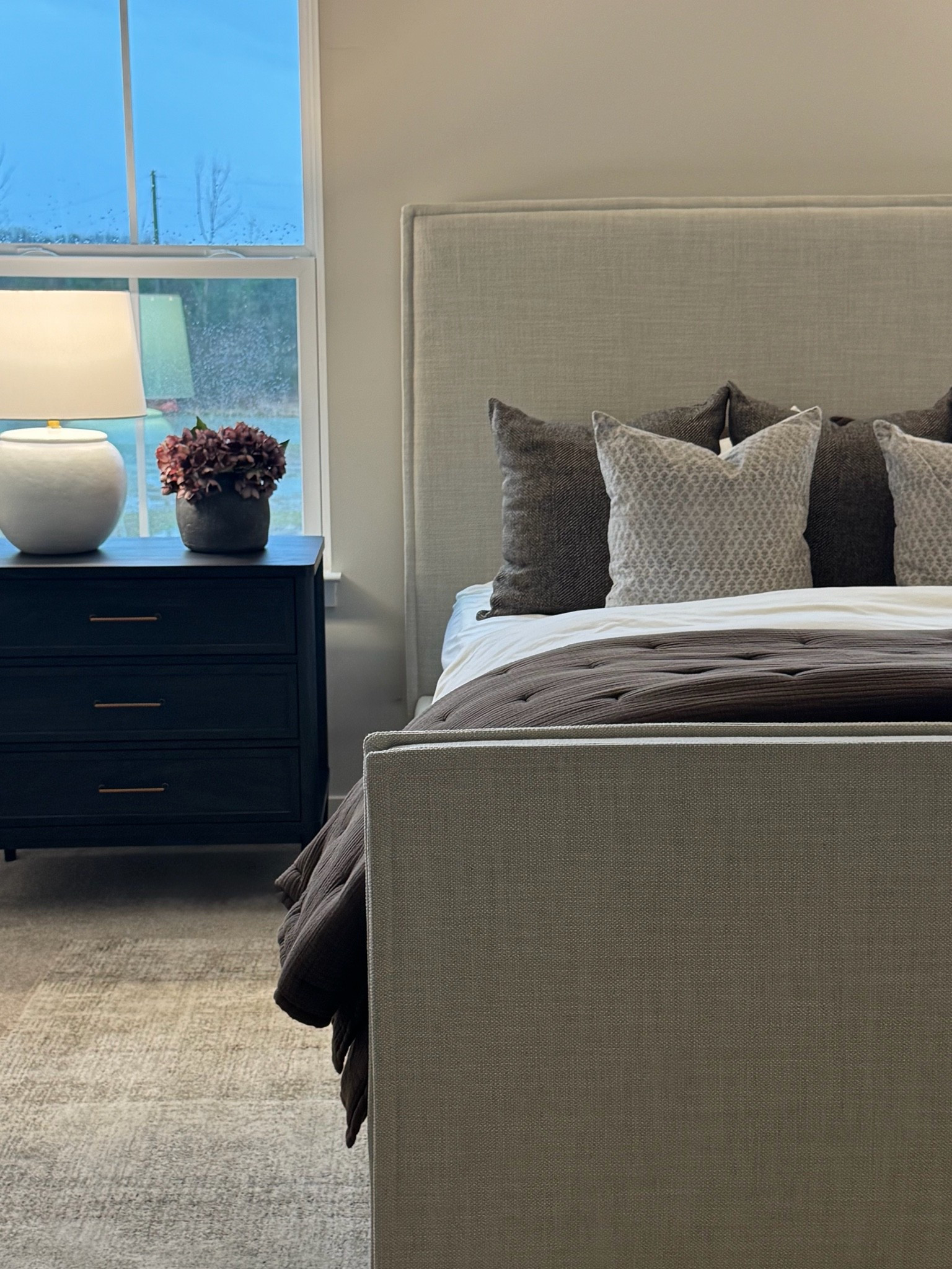 Moody bedding, brown quilt, cream duvet, floral pillow cover, brown pillow cover, black nightstand, faux hydrangeas

#LTKSaleAlert #LTKU #LTKSeasonal