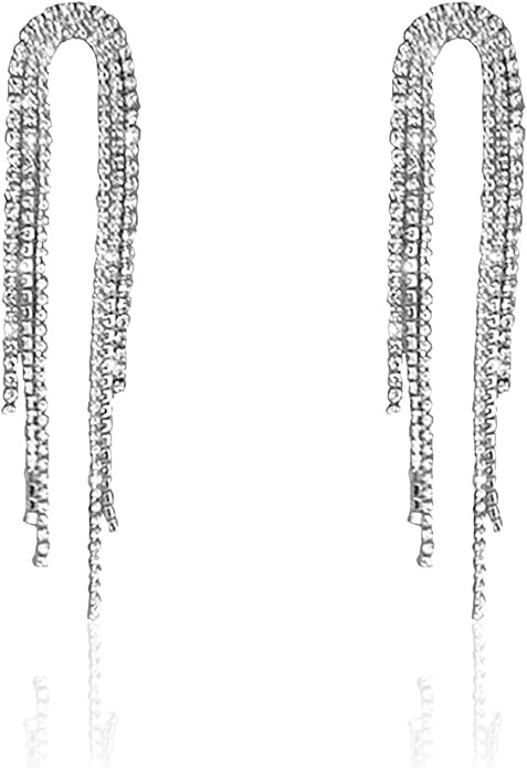 Dainty Crystal Chandelier Tassel Big Long Chain Statement Dangle Drop Earrings Silver Cubic Zirco... | Amazon (US)