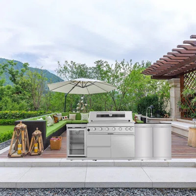 43-Inch 6-Burner 85000 BTU Deluxe Stainless Steel Gas Outdoor Kitchen Bar Barbecue Island Grill + Wine Cooler Compact Refrigerator + Rotisserie + Gra | Wayfair North America