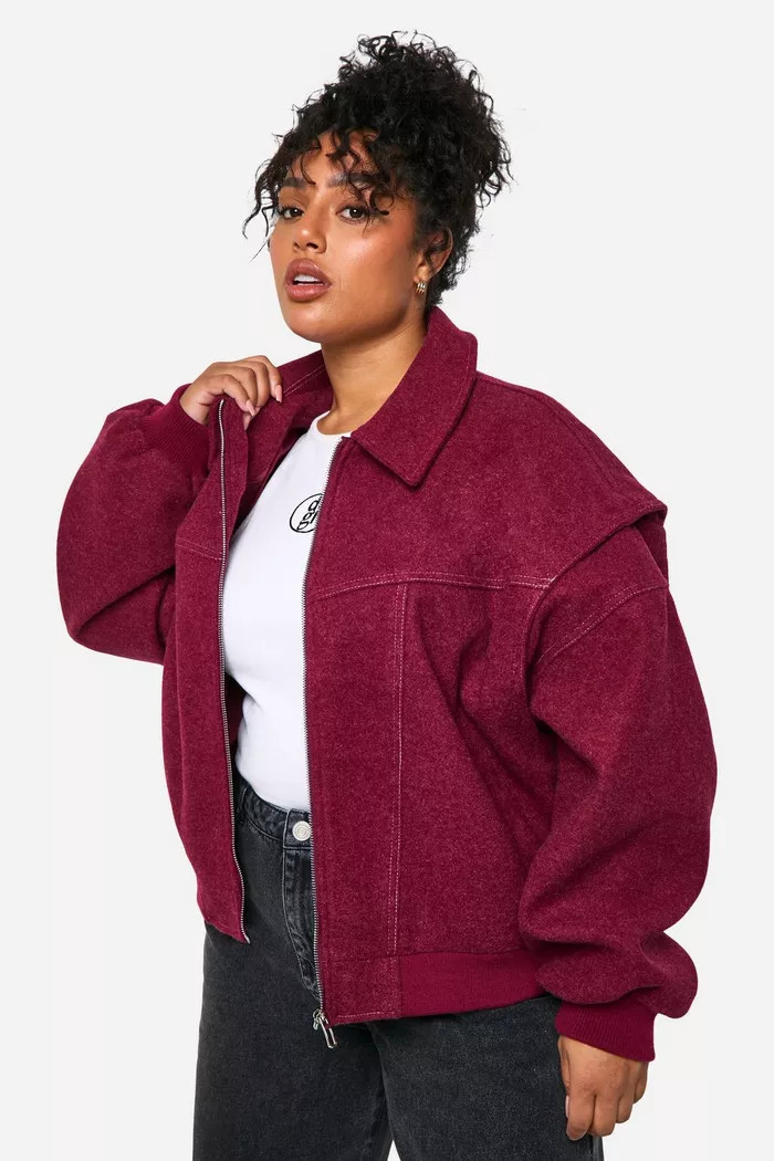 Plus Contrast Blanket Stitch Wool Look Jacket | boohoo (US & Canada)
