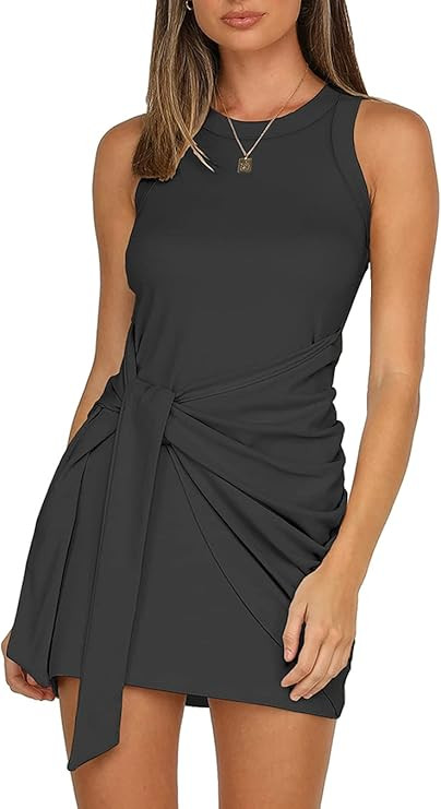 LIYOHON Women's Summer Casual Beach Dress Sleeveless Ruched Tie Tank Bodycon Wrap Mini Dresses | Amazon (US)